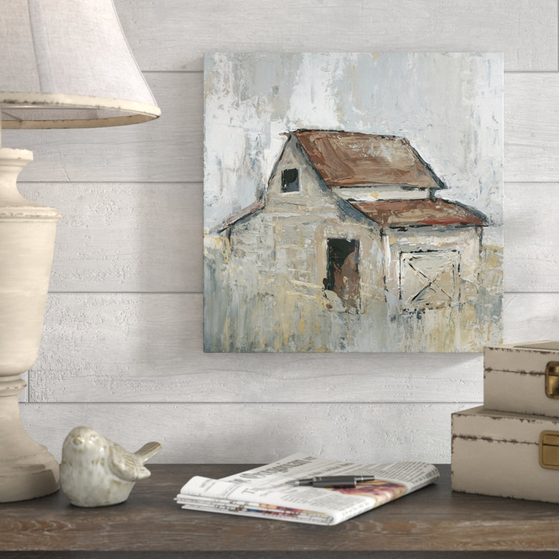« grange à midi », peinture, H 28 po x l 28 po x P 1,5 po, Cadre argenté