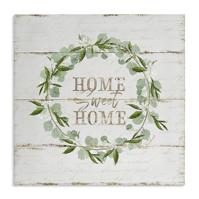Sweet Home Greeting Eucalyptus Wreath Rustic Plank Pattern - Textual Art on Canvas