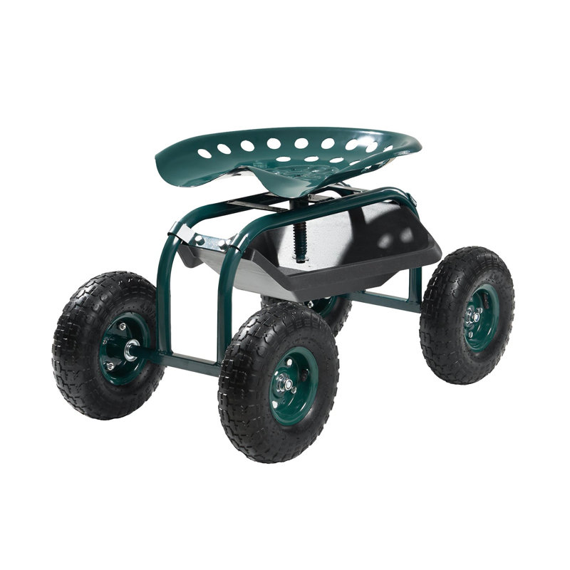 Chariot de jardin roulant robuste avec siège pivotant et plateau à outils - Scooter d'extérieur d'une capacité de 300 lb