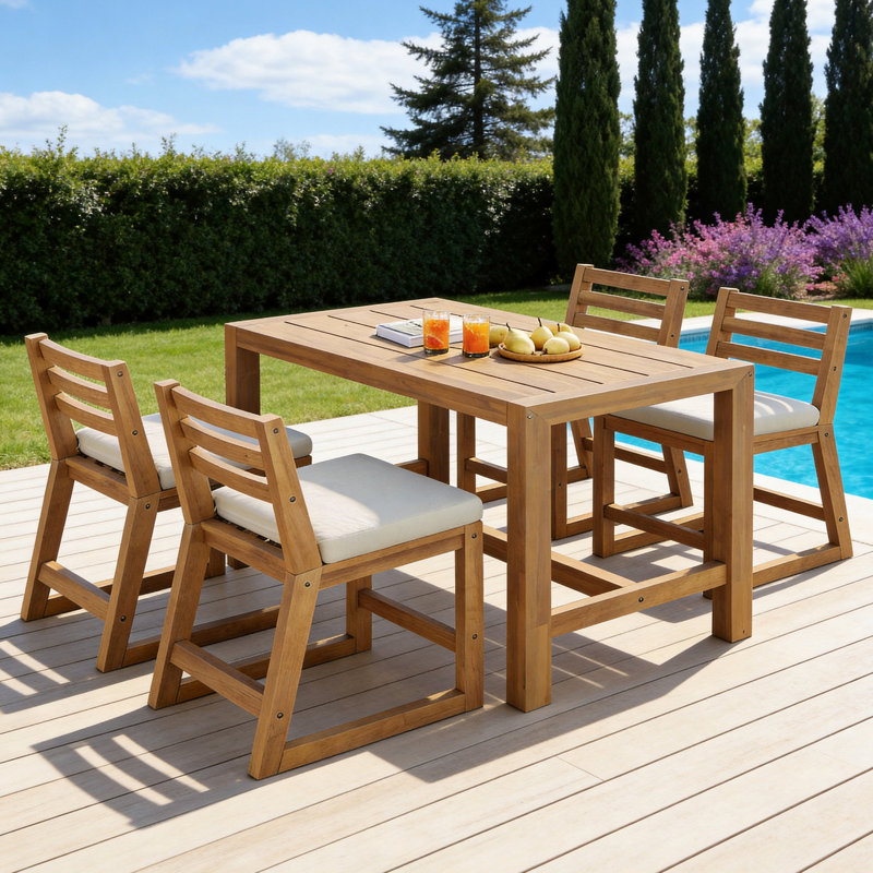 Rustic 5-Piece Acacia Wood Outdoor Bar Set with Cushions for Patio, Garden, or Poolside, LightTeak