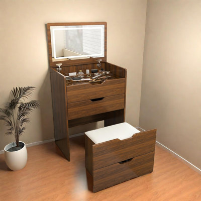 Meuble-lavabo 3-en-1 avec miroir lumineux et tabouret de rangement, table de maquillage compacte