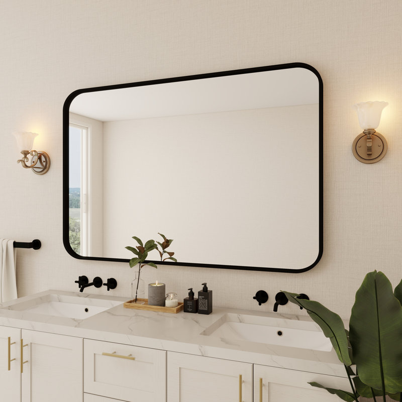 Élégant miroir encadré en aluminium avec coin arrondi pour une décoration intérieure élégante, Noir mat, Rectangulaire