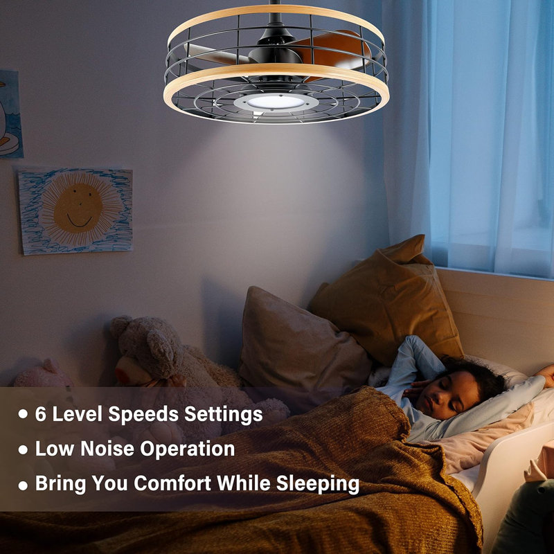 Modern Black and Wood Low Profile Ceiling Fan with LED Light and Remote