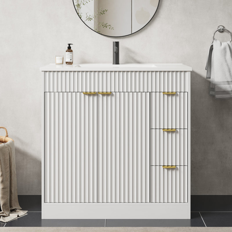 Meuble-lavabo moderne simple Adonia de 36 po avec comptoir en SMC, armoire de salle de bain en bois avec 3 tiroirs, White