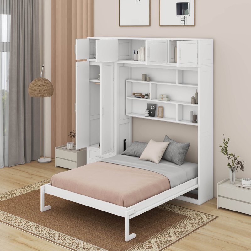 Grand lit escamotable mural avec armoire supérieure, tablettes et garde-robe, Blanc