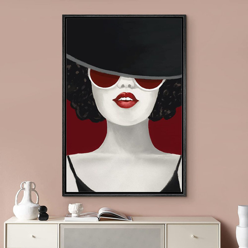 "IDÉE4WALL", reproduction d'art sur toile encadrée, femme élégante avec rouge à lèvres et lunettes de soleil, Cadre noir