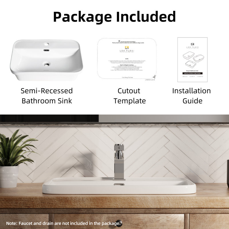 Lavabo de salle de bain vasque rectangulaire semi-encastré blanc avec trou de robinet simple et trop-plein chromé Los Flexi 24 po x 17 po