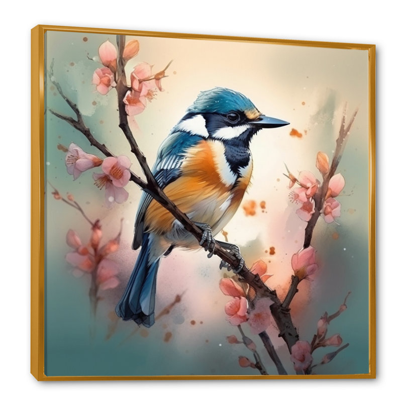 «Blue Bird On A Tree I», reproduction d'art sur toile, H 24 po x l 24 po x P 1 po, Cadre flottant doré