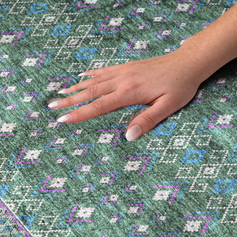 Tapis bohème ADS708 de qualité supérieure lavable à la machine, Vert, 5 pi x 7 pi 6 po