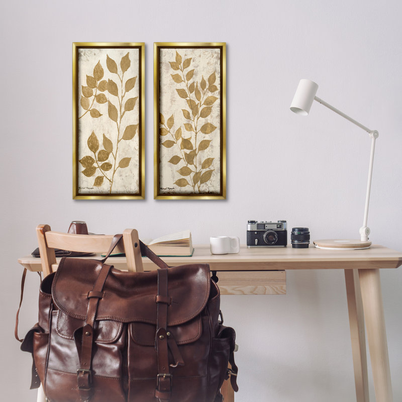 Ensemble de 2 toiles flottantes à motif de feuilles naturelles vieillies par Michael Marcon, Cadre flottant métallique doré
