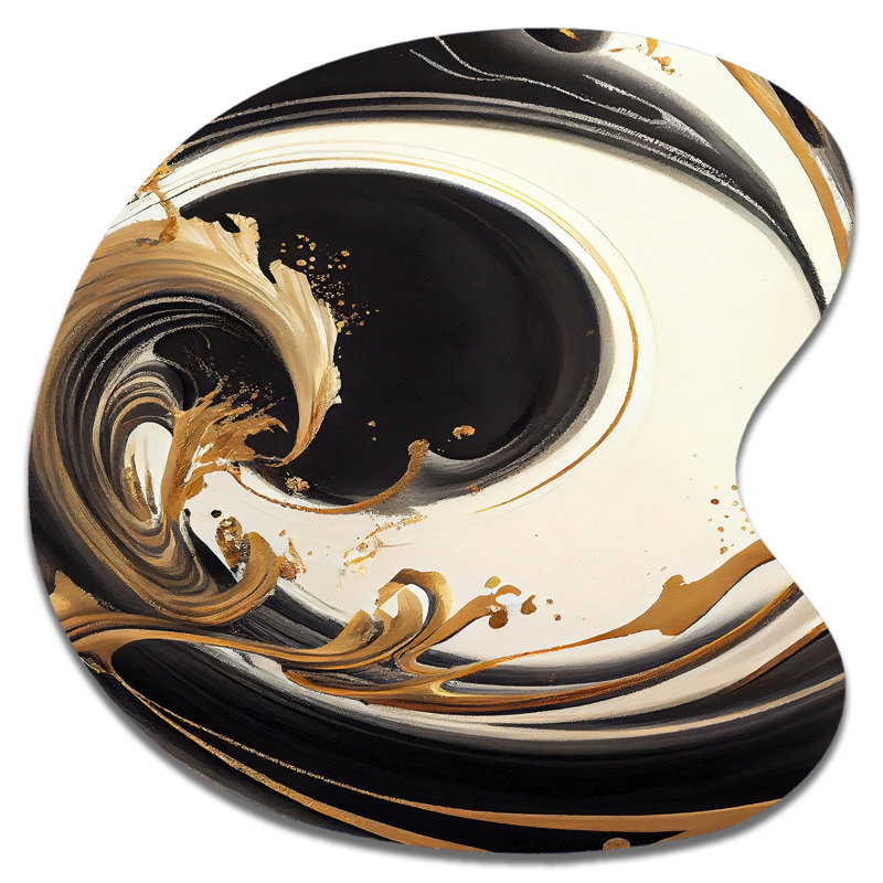 «Black and Gold Swirl V - Abstract Spirals», art mural asymétrique en métal, impression d'art moderne de forme unique