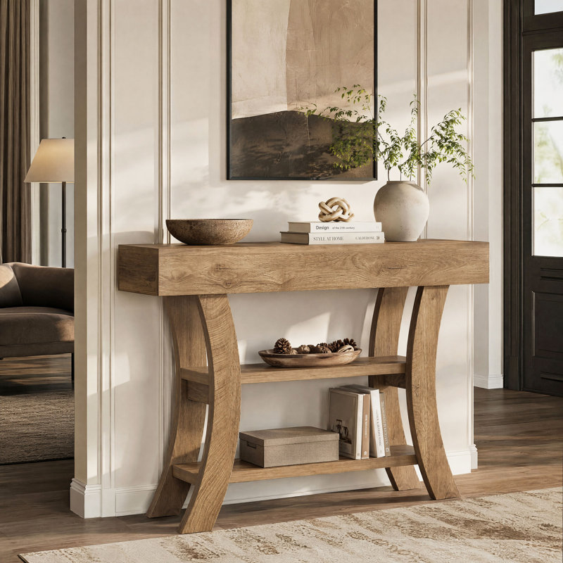 Console de 41 po avec tablettes de rangement et cadre incurvé, Brun chêne