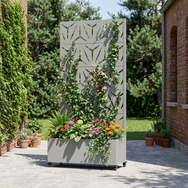 Boîte à fleurs en métal avec treillis et roues, H 72 po x l 35 po x P 16 po, Gris