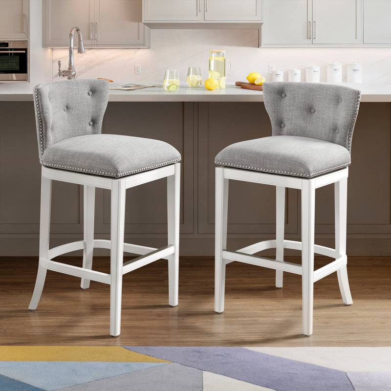 Miranda Solid Wood Frame Swivel Bar and Counter Stool with Linen Fabric, Bar Stool (30.75" Seat Height), 1