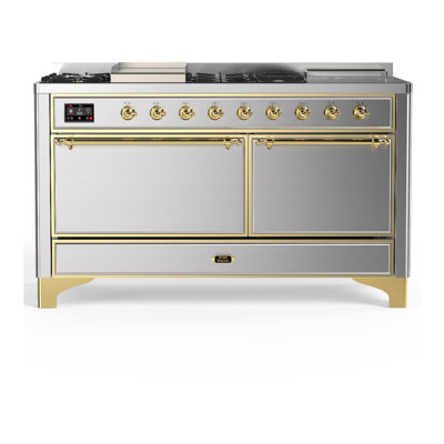 Cuisinière à double carburant 60 pouces avec 7 brûleurs scellés, plaque chauffante, plaque française en acier inoxydable (propane liquide, garniture laiton) Majestic III Series