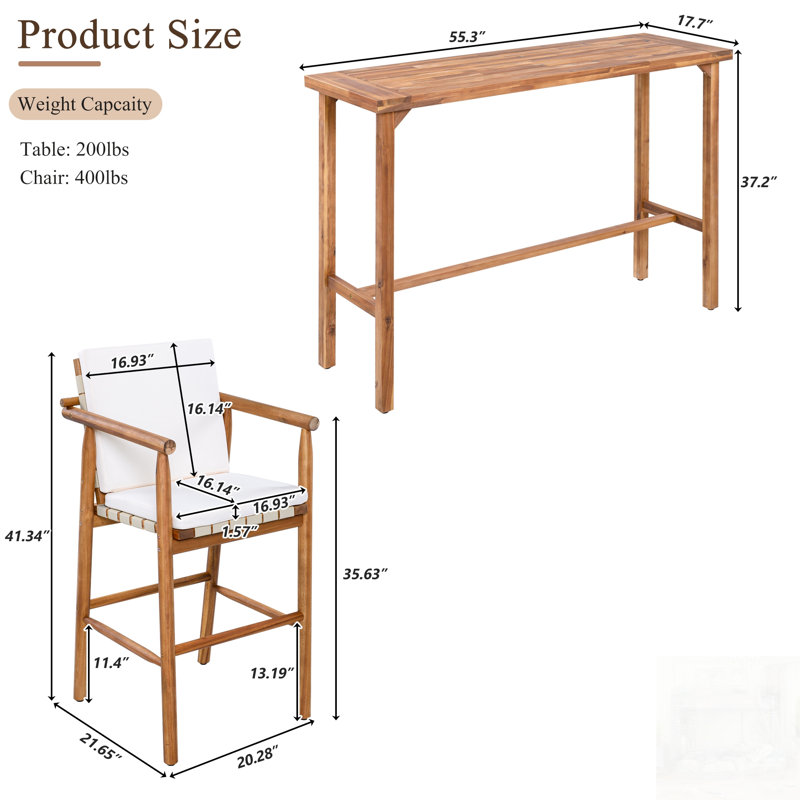 Ensemble de bar extérieur 6 pièces avec table et tabourets en bois d'acacia, coussins pour patio, cour arrière, piscine, balcon