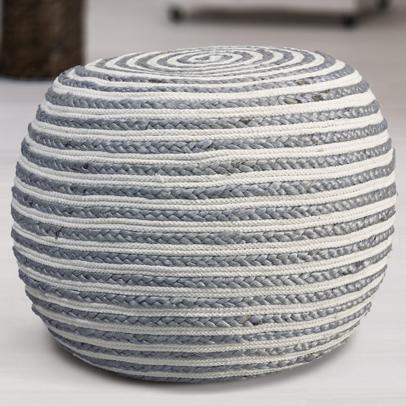 Ahlers Modern Coastal Striped Handmade Jute Round Ottoman Pouf, Gray/White