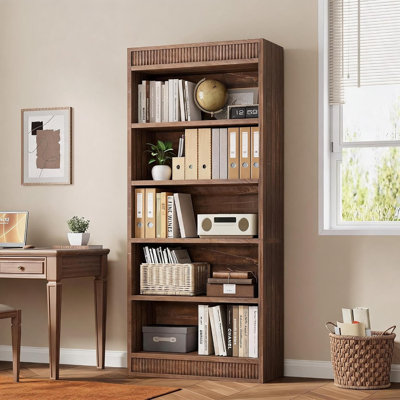 71" Farmhouse 5-Tier Bookcase with Fluted Design & Display Shelves, Brown