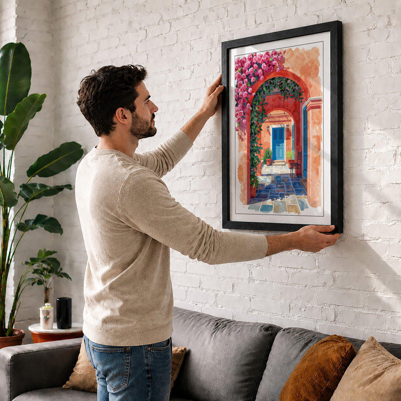 Mediterranean Courtyard Boho - Framed Print, Black, A3 - 42.0 x 29.7 cm