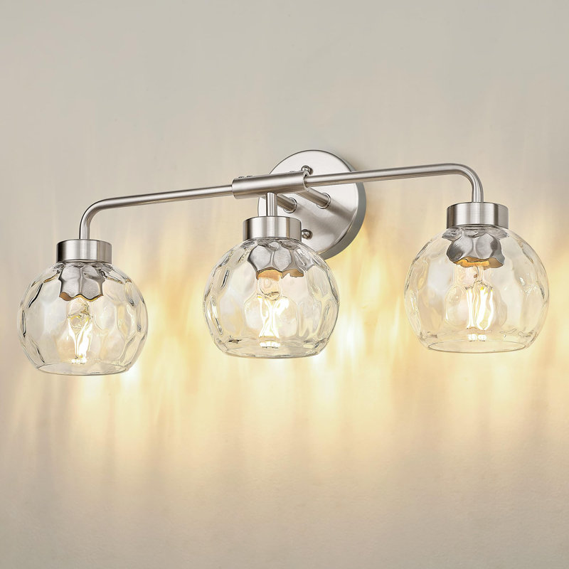 3-Light Bathroom Vanity Light With Water Ripple Globe Glass, Brushed Nickel, Brushed Nickel, 3 Lights