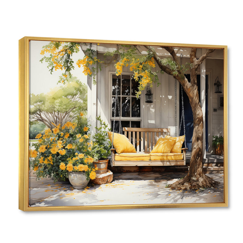 Maryory Farmhouse Yellow Country Comfort III - ferme, art mural, H 24 po x l 32 po, Reproduction avec cadre flottant, Doré