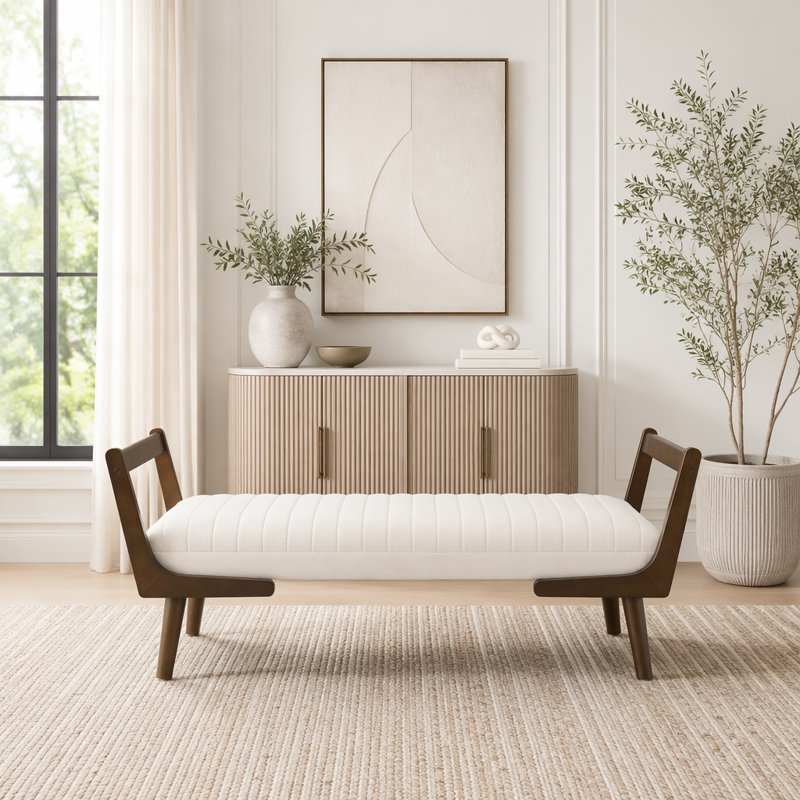 Banc 52 po Mid-Century avec pieds en bois de noyer, Beige