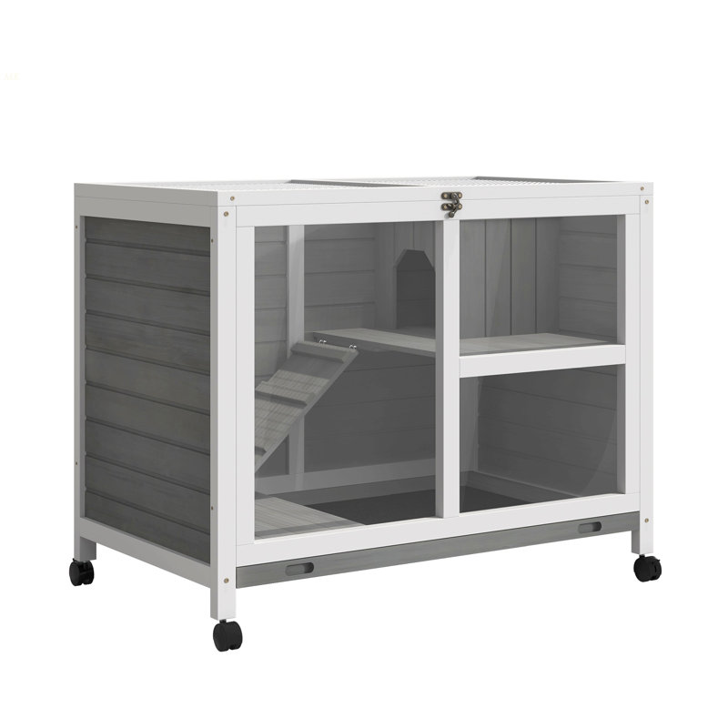 Cage à lapins d'intérieur Pawhut avec roulettes, bureau et table d'appoint, cage à lapins, Gris
