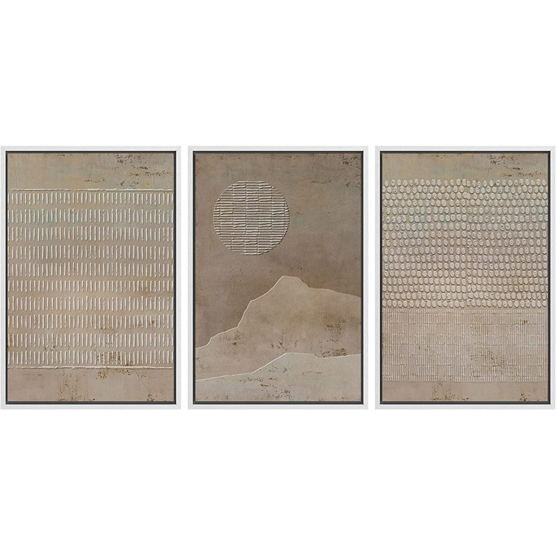 Geometric Line Grunge Geometric Minimalist Brown Abstract Frame Art 3 Piece Set - No Texture Graphic Canvas Print, White