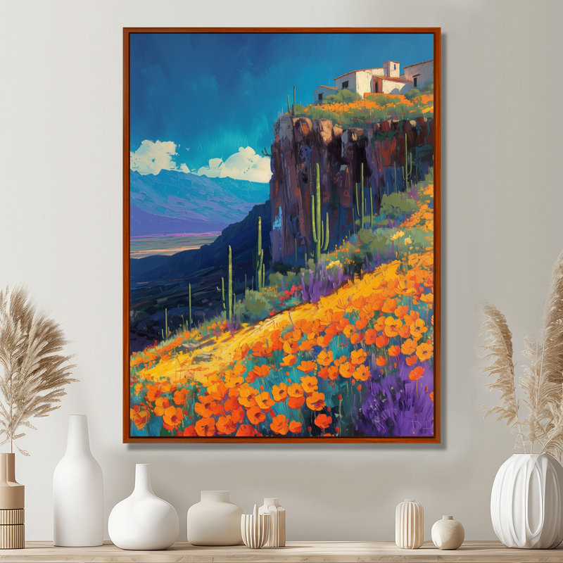 «Orange Blue Desert Cactus Landscape In Mexico III - Plants», reproduction d'art murale, Toile avec cadre flottant brun