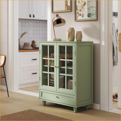 Armoires, armoire-buffet moderne vert menthe avec portes doubles en verre, tiroir et amp; Tablettes réglables | Panneau de fibres à densité moyenne | Salon