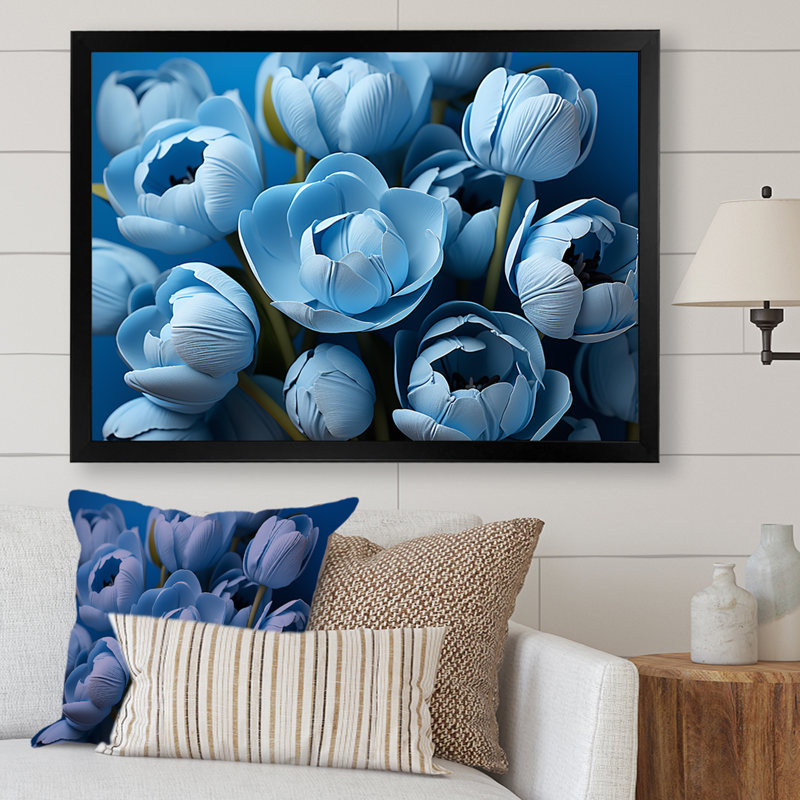 «Azure Blue Tulips Bloom I» sur toile, Cadre simple noir, H 34 po x l 44 po x P 1,5 po