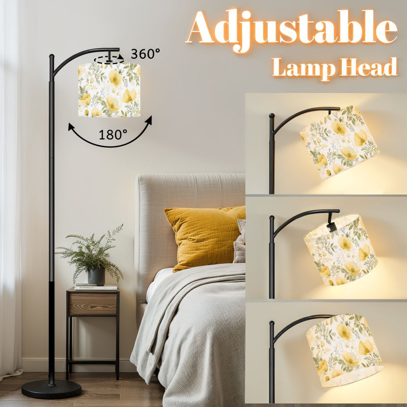 Lampe sur pied à arc avec abat-jour réglable délicat motif floral jaune délicat à l'aquarelle sur pied Lampe sur pied à 3 températures de couleur à intensité variable avec interrupteur au pied pour la chambre à coucher