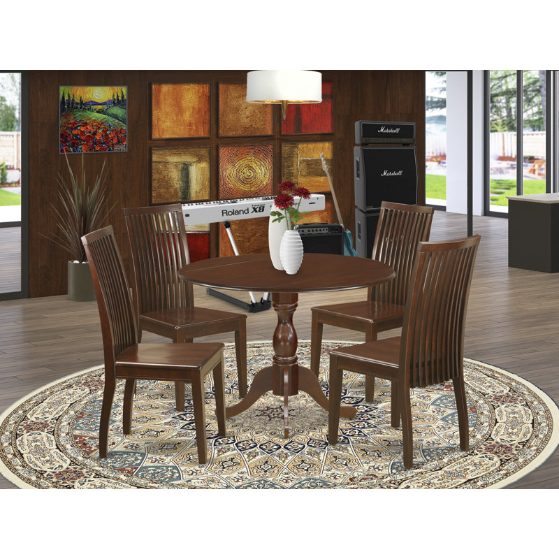 5 Piece Dining Table Set for 4 Includes a Round Kitchen Table with Dropleaf and 4 Kitchen Dining Chairs, 42x42 Inch, Mahogany