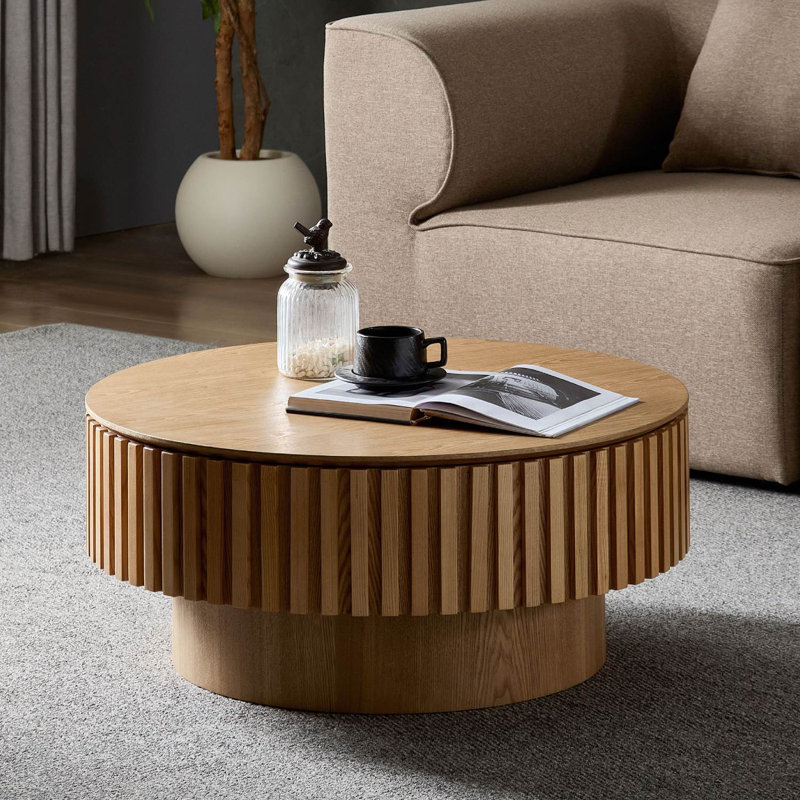 Table basse ronde en MDF avec rangement, Chêne