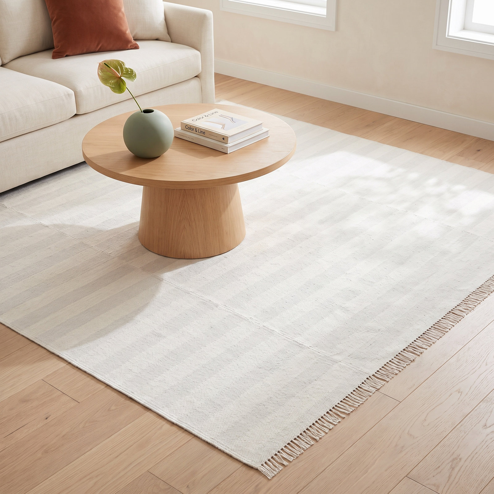 Reva Ivory Hand-Woven Striped Wool Rug, Rectangle 5' x 8'