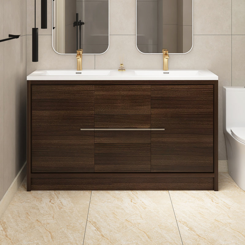 60'' Freestanding Double Sink Bathroom Vanity with Resin Top, Brown