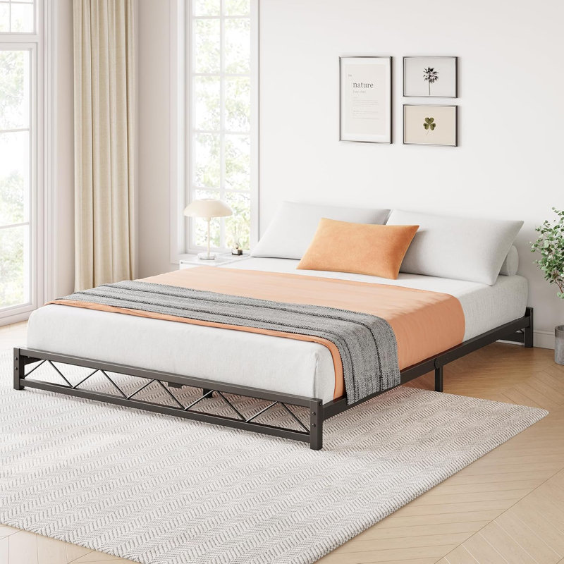 Structure de lit plateforme en métal, aucun sommier requis, Grand lit, Noir