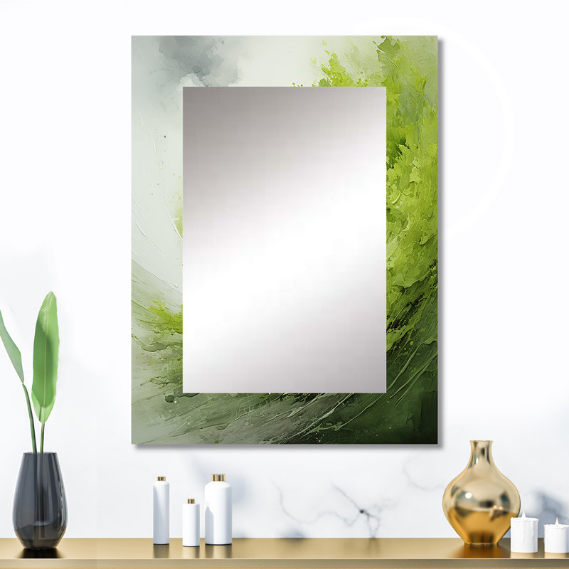 «Green and White Whsipering Abstract Spiral I», miroir décoratif spirales abstraites, miroir mural vert, impression sur métal