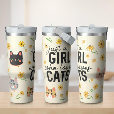 Gobelet 30 oz avec couvercle et poignée Gobelets isothermes en acier inoxydable Bouteille d'eau mignonne avec rabat (chat)
