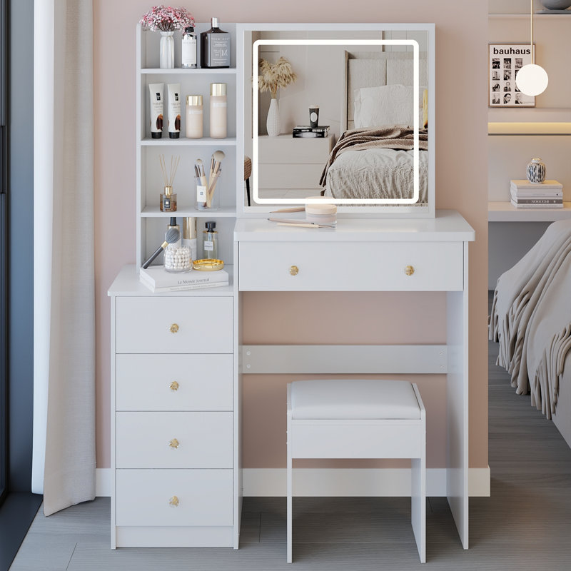 Meuble-lavabo de 37 po avec tabouret de taille moyenne 37 po + tabouret rembourré, grande commande tactile, interrupteur tricolore, miroir à luminosité réglable, rangement grande capacité, convient aux espaces moyens