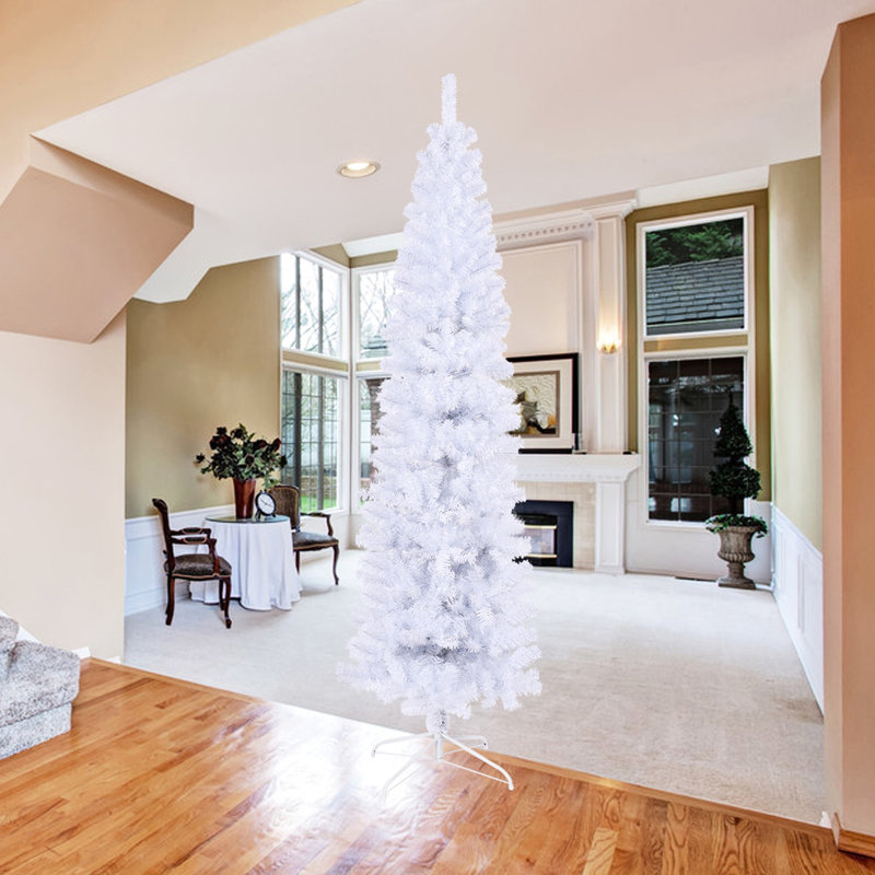 Arbre de Noël artificiel mince 7,5 pi avec support en métal - 1000 pointes pour un bel arbre de présentation, support pliable blanc gracieux