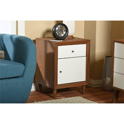 Table de chevet 1 tiroir et 1 porte Harlow style scandinave blanc et noyer