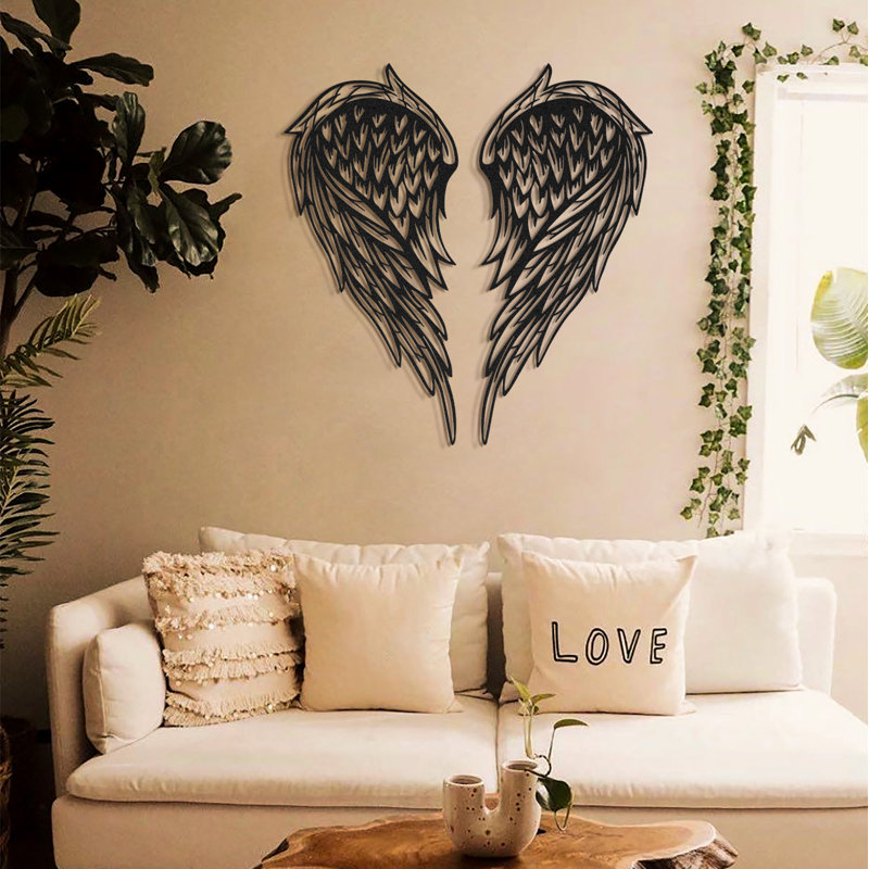 Ensemble de 2 décorations murales en métal avec ailes d'ange, H 20 po x l 9 po x P 1 po, Noir