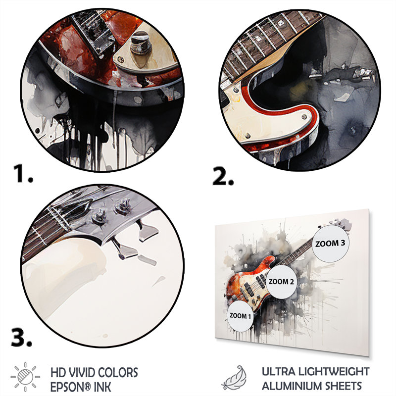 «Brown Charcoal Guitare», art mural en métal, H 12 po x l 20 po x P 1 po