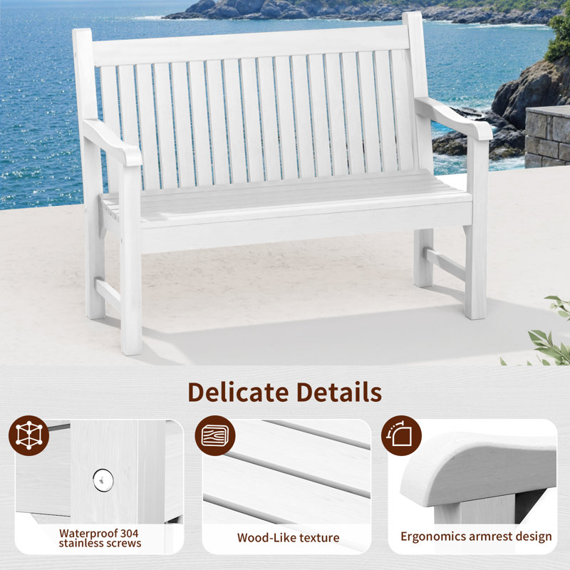  All-Weather HIPS Outdoor Bench – Poly Lumber Garden Seating Patio Furniture, White