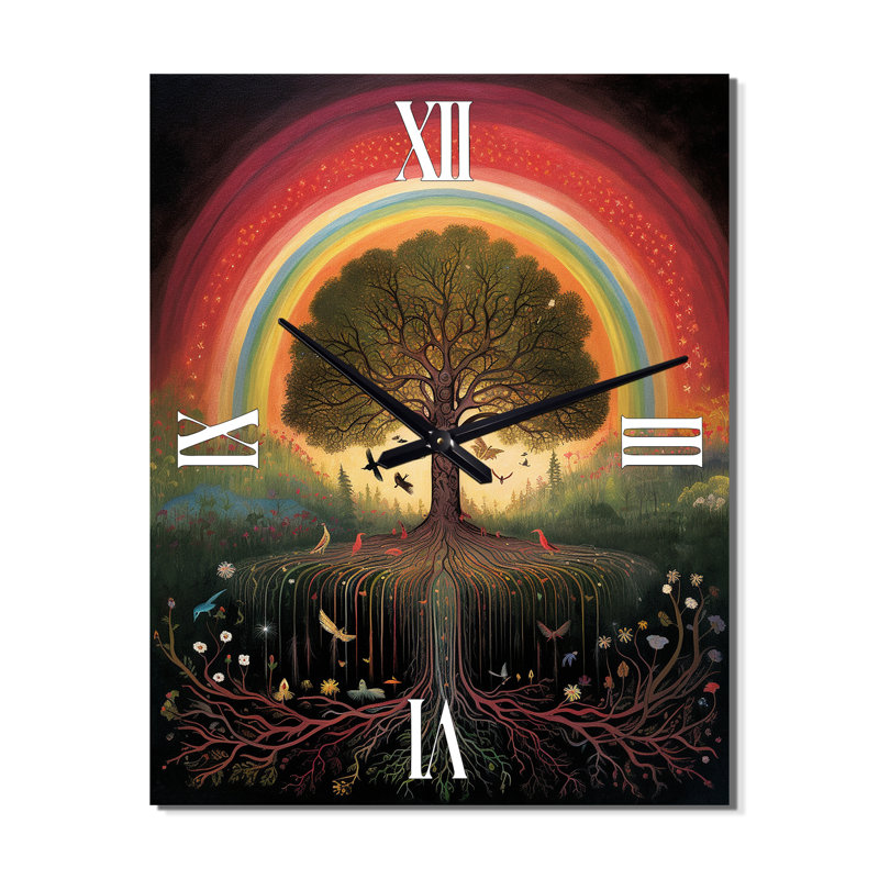 Tree Of Life Rainbow Retro Illustration - Landscape Trees Modern Wall Clock, Medium