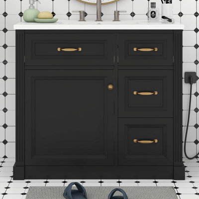 Meuble-lavabo 36 po avec lavabo, lavabo simple avec 4 tiroirs, porte à fermeture en douceur et tablette réglable, lavabo en céramique