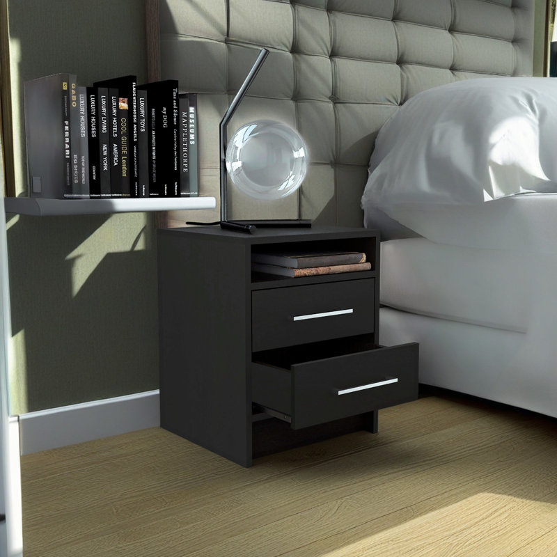 Eter Compact Nightstand with Two Drawers and One Shelf, Minimalist Bedroom Bedside Storage, Black