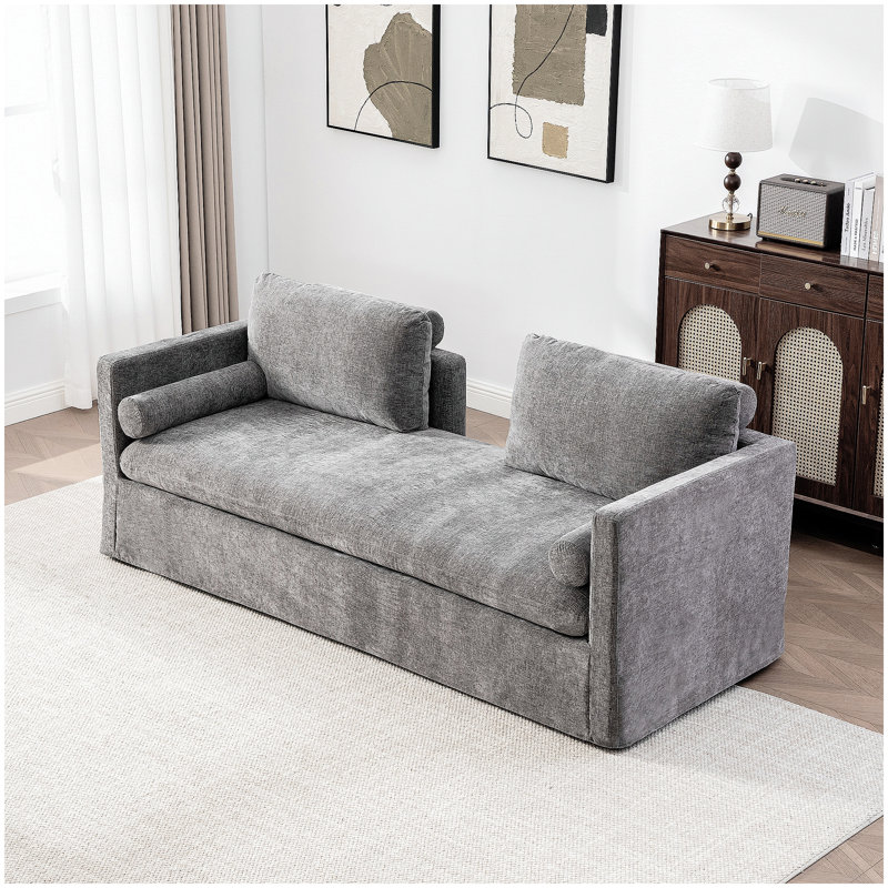 Très grand canapé à deux places de 82,68 po de largeur, revêtu de chenille, avec deux coussins d'accoudoir et deux coussins de dossier, convient aux chambres à coucher, aux salons et aux sièges de fenêtre. Gris