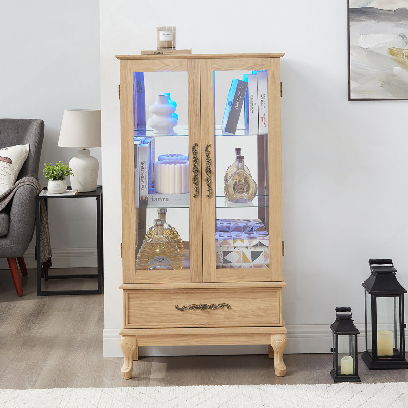Lighted Curio Cabinet With Adjustable Shelves, Two Doors, And One Drawer For Versatile Display And Storage In Any Home, Brown
